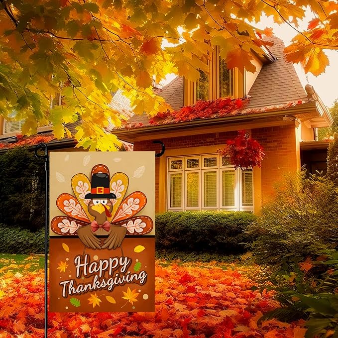 Happy Thanksgiving Garden Flag Turkey Thankful Fall Yard Flag Autumn Happy Harvest Garden Flags Double Sided Yard Decorations Holiday Outdoor Flag 12x18 Inch
