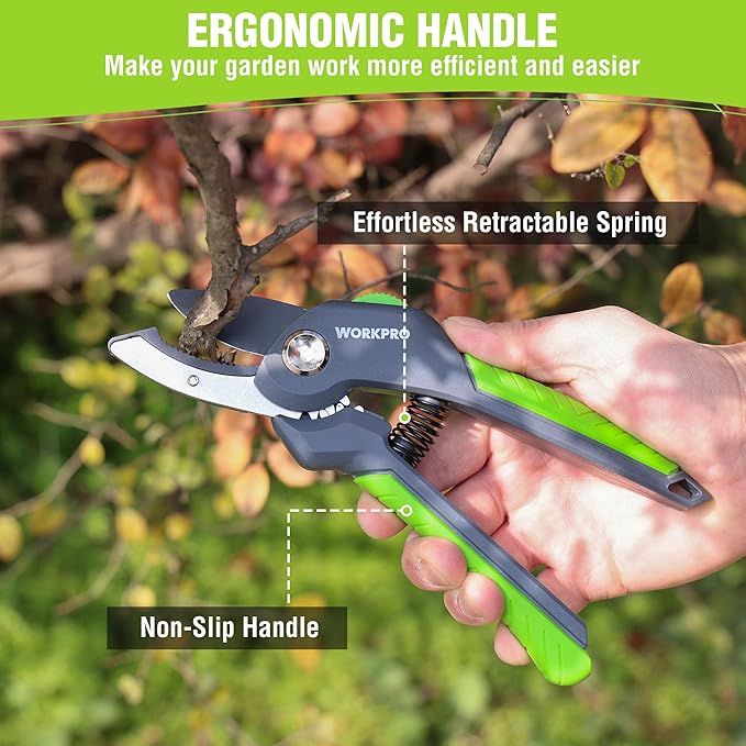 WORKPRO 8.5" Anvil Pruning Shear, Heavy Duty Garden Scissors & Clippers with Labor-Saving Design, Handheld Gardening Shears with Ergonomic Handle for Thick Branch Trimming