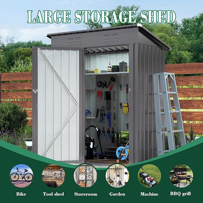 5x3x6FT Outdoor Storage Shed, Galvanized Steel Garden Shed with Lockable Door & Window, Waterproof Metal Tool Storage for Garden, Backyard, Patio, Lawn(Pitched Roof)