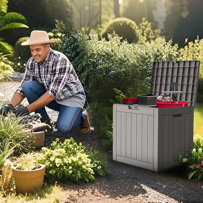 Outdoor Storage Box, 31 Gallon Waterproof Deck Box for Outdoor and Indoor, UV-Resistant Outside Storage with Lockable Lid for Patio, Pool, Garden Tools, Package Delivery, Grey
