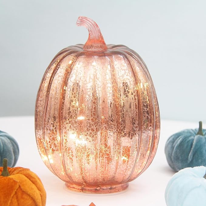 Mercury Glass Pumpkin Lights with Timer, Battery Operated Led Pumpkin Lights for Halloween Fall,Thanksgiving Rustic Decor (Rosegold Common, 8")