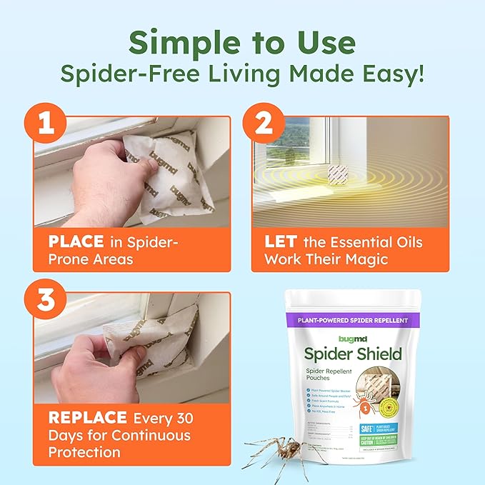 BugMD Spider Shield Repellent Pouches | Plant-Based Indoor & Outdoor Spider Repellent | Safe for Pets & Family | Natural Citronella, Rosemary & Lemongrass Oils | Long-Lasting Spider Protection