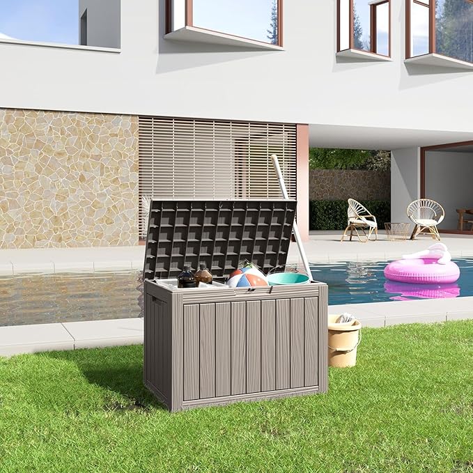 45 Gallon Large Deck Box,Resin Outdoor Storage Box with Lockable for Patio Furniture, Pool Accessories, Garden Tools Waterproof Outside Storage Box, Grey