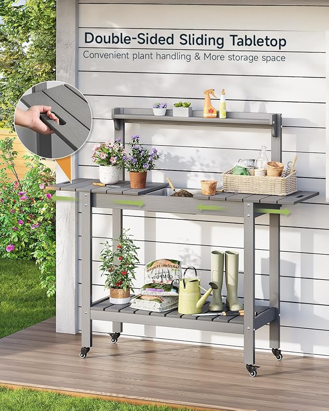 HDPS Outdoor Potting Bench with Sliding Tabletop/ 4 Wheels/Removable Sink, All-Weather Outside Garden Work Table, No Rust/Fade/Break, Potting Station for Porch, Patio & Backyard (Grey)