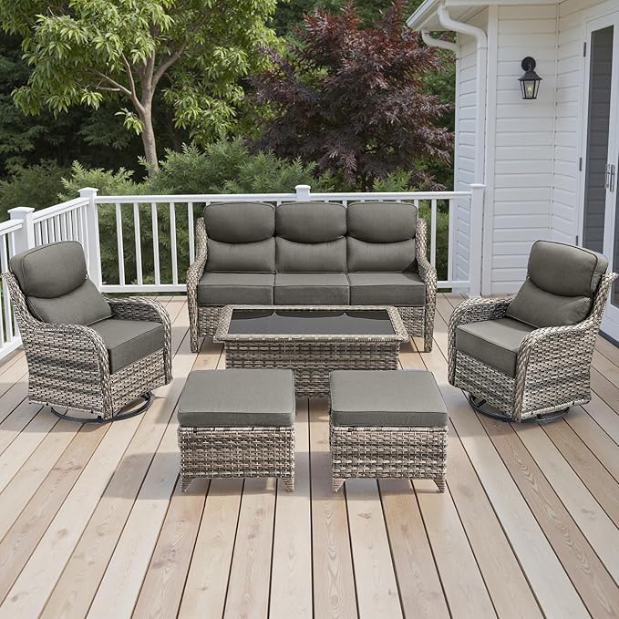 Wicker Outdoor Patio Furniture Set - 6 Piece Patio Conversation Sets with Swivel Rocker Chairs, Ottomans, Sofa and Coffee Table, 6 inch Cushions, Deep Seating, for Porch Deck Mixed Grey/Grey