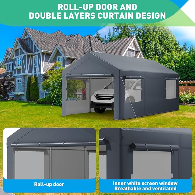 10x20 Ft Heavy Duty Carport, Portable Garage with Sidewalls, Doors, Ventilated Windows, Waterproof and UV Resistant Carport Canopy for Cars, Boats, Suvs, Gray