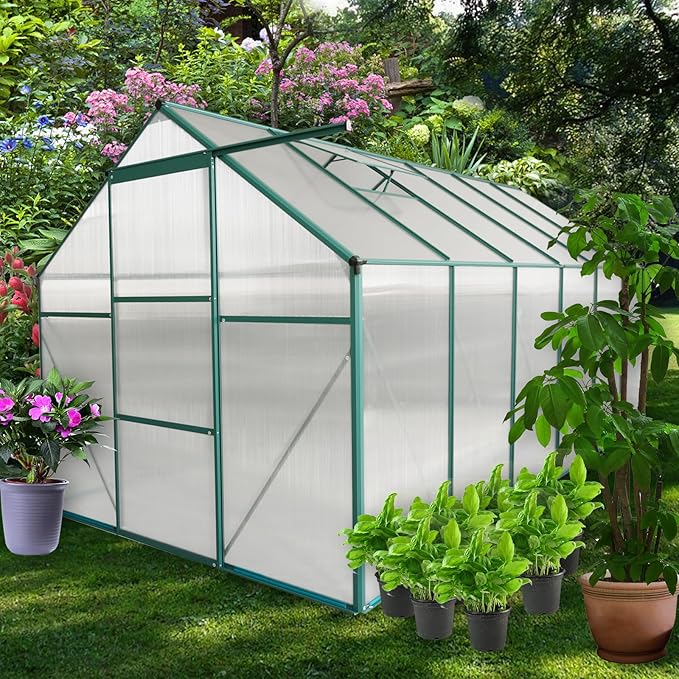 6x12 FT Greenhouse Outdoor Polycarbonate Hot House,Garden Plants Houses with Raised Base,Sliding Door and Adjustable Vent Roof for Patio,Easy to Install,Green