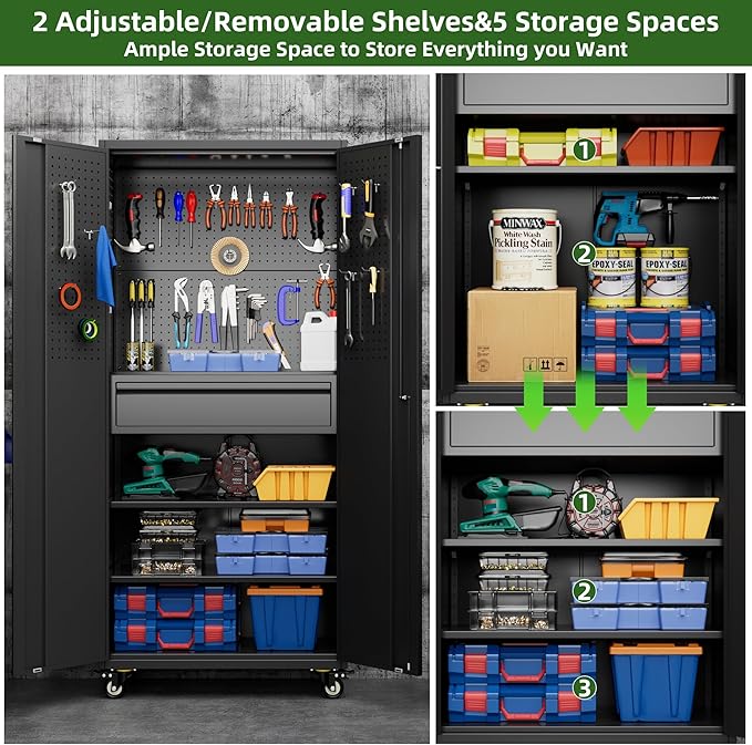 71" H Garage Storage Cabinet with Wheels and Doors,Metal Tool Storage Cabinet with Pegboard and Drawer for Garage Warehouse Home,Required Assembly,Black