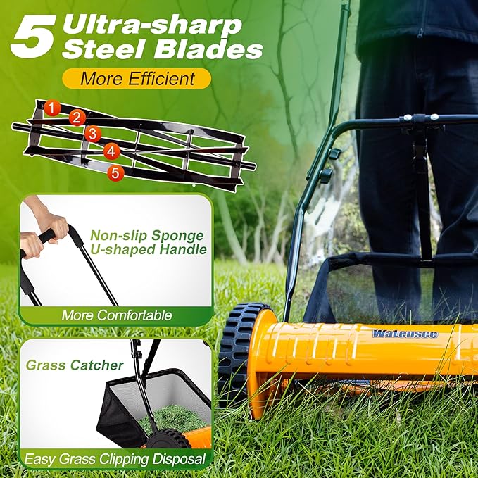 Walensee 14-Inch 5-Blade Push Reel Lawn Mower, Cordless Manual Reel Lawn Mower Walk-Behind Steel Lawn Mowers with Removable 6.7-Gallon Grass Catcher, Sponge Grip, 4-Position Cutting Height Adjustment