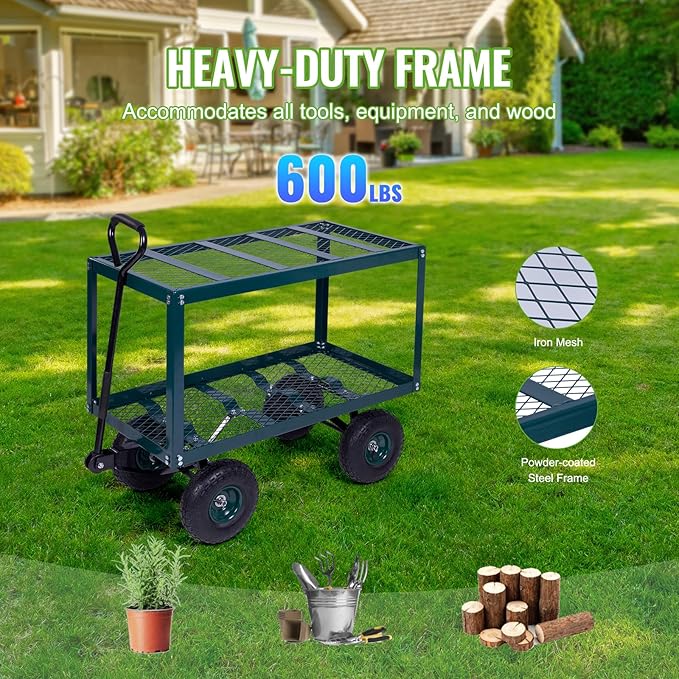 Backyard Expressions 2-Tier Heavy Duty Steel Garden Cart with Mesh Shelves and Pneumatic Wheels – Utility Wagon for Lawn, Yard, Landscaping & Outdoor Projects