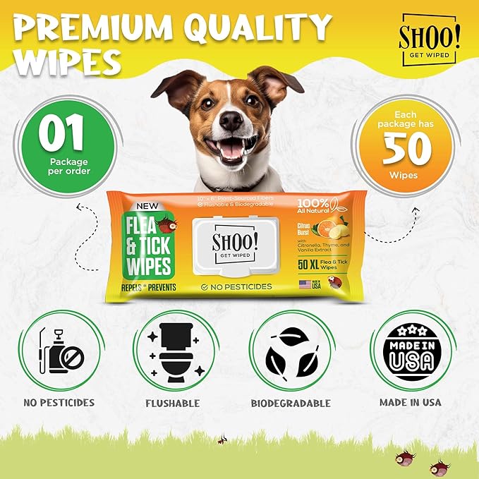 Shoo! Flea & Tick Wipes for Dogs | Convenient, Easy On-The-Go Protection | Plant Based, Natural Oils, Chemical Free | Repels & Prevents | 50 XL Wipes | (Citrus Burst)