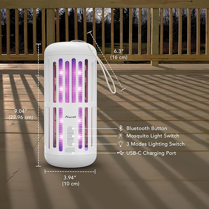 ASPECTEK Portable Bug Zapper with Bluetooth Speaker – Rechargeable LED Mosquito Zapper and Ambient Light, Cordless Insect Device for Indoor/Outdoor Use, Patio, Camping, Garden – 3-in-1 Design