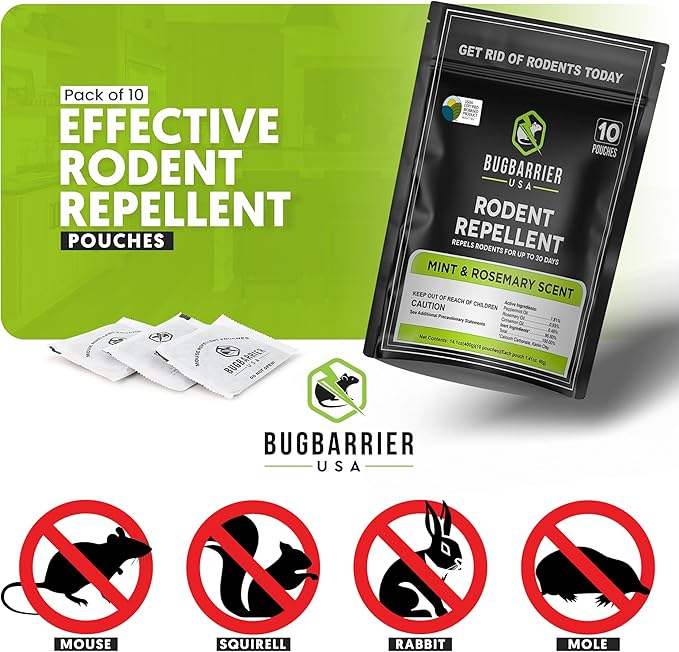 BugBarrier's Extra-Strength Mouse Repellent Deterrent Pouches, USDA 99% Biobased, Peppermint & Rosemary Oils Repel Mice Nesting in Car, RV, Boat, Garage, Shed, Cabin Made in The USA (Pack of 10)