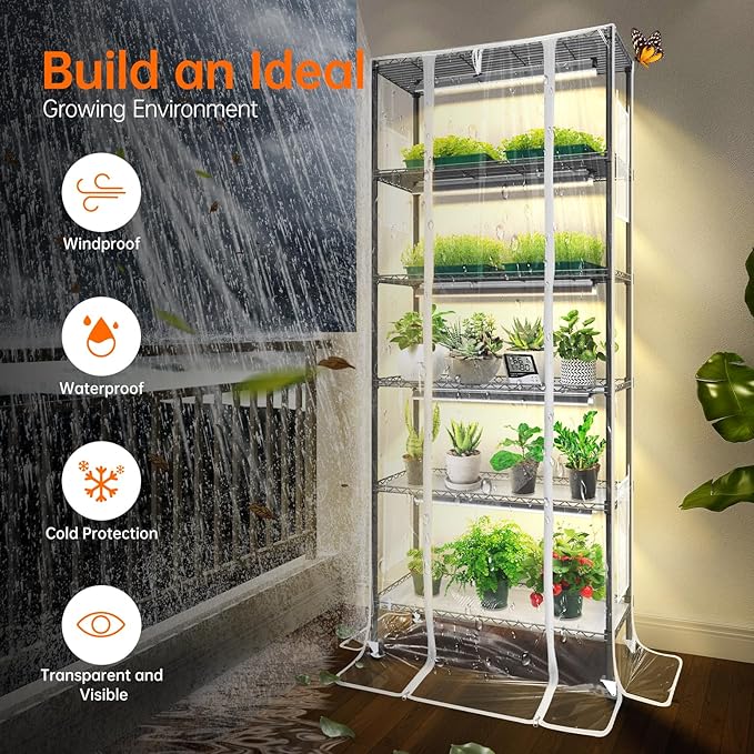 Plant Shelf with Grow Light, Grow Light Shelf with Cover and Thermometer, 6 Tier Plant Stand with Grow Light , Greenhouse with 150W Led Grow Light For Seed Starting , Tray (29.5"L×13.8"W×70"H)