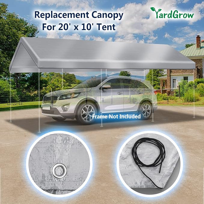 YardGrow 10x20 FT Carport Replacement Canopy Cover Garage Shelter Outdoor Carport Canopy Top Tent Shelter Tarp, Canopy ONLY (Silver)