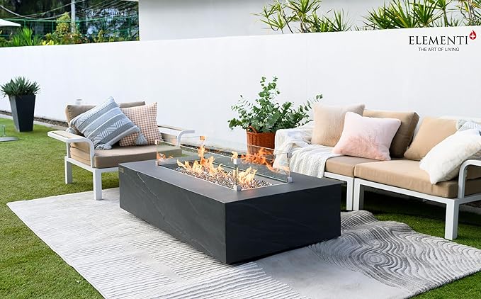 Elementi+ | Bundle Cape Town Gas Fire Pit Cast Concrete 56" Rectangular Fire Table, Outdoor Fire Pit Electronic Ignition | Canvas Cover, Fire Glass and Burner Lid Included | Dark Gray | Natural Gas