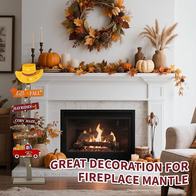 Lighted Wood Hello Fall Porch Sign,Fall Welcome Porch Decor,Autumn Maple Pumpkin Truck Sweater Weather Standing Wooden Signs for Home Front Door Yard Party Decor