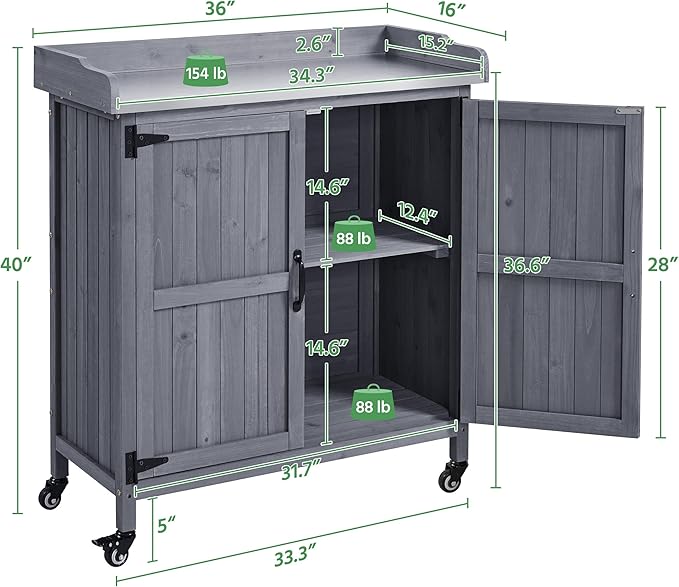 Yaheetech Garden Potting Bench Table, Outdoor Garden Horticultural Wooden Storage Cabinet & Solid Wood Planting Work Bench with Large Space Storage & Metal-Plated Tabletop, Gray