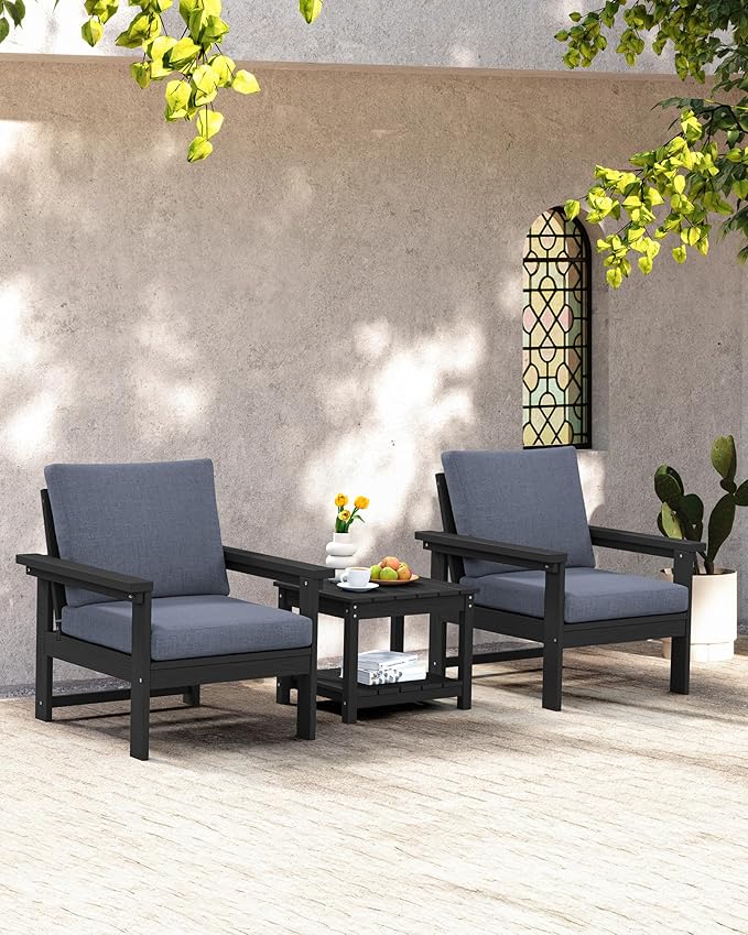SERWALL HDPE Patio Sofa Set, 3-Piece Sectional Outdoor Furniture Set, All Weather Outdoor Couch Set Patio Furniture Set for Deck, Lawn, Black Frame with Grey Cushion