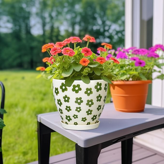 Ceramic Plant Pot - 6.8 Inch Ceramic Planter for Indoor Outdoor Plants, Boho Round Indoor Flower Pot with Drainage Hole and Saucer, Gifts for Plant Lovers, Home Garden Apartment Decor, White