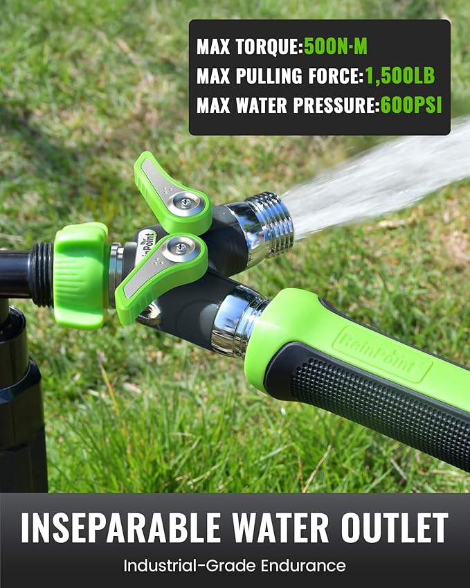 RAINPOINT Garden Hose Splitter, 2 Way Heavy Duty Water Hose Y Spigot Splitter with Shutoff Valves, 100% Metal Body Outdoor Faucet Splitter, 1.9" Extra Long Metal Handle, 3/4" GHT Thread (1, Green)