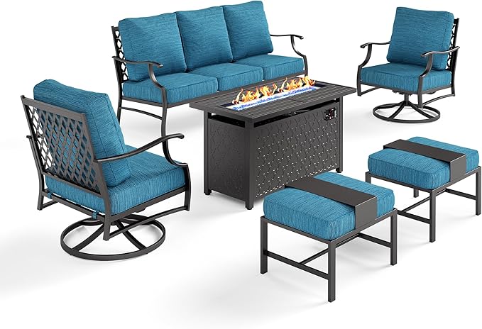 6 Piece Metal Outdoor Patio Furniture Set with Firepit Table, Patio Conversation Set 3-seater Sofa, 2 Swivel Chair, 2 Ottoman with 5.75" Thick Cushion, Black Backyard Furniture, Blue-2