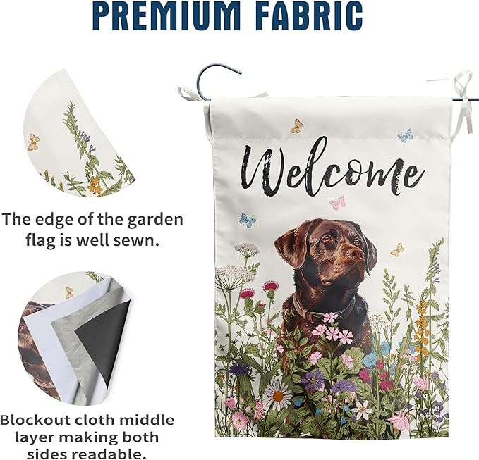 Spring Summer Garden Flag Floral Chocolate Lab Yard Flag Flower Labrador Dog Garden Flags for Outside Small Outdoor Welcome Flags 12x18 Double Sided