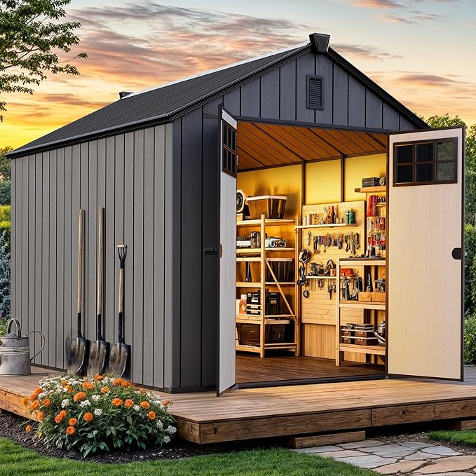 YITAHOME 8x10 FT Outdoor Storage Shed with Floor, Plastic Garden Shed for Bikes, Tools, and Pool Supplies, Outdoor Resin Shed with Lockable Doors, Windows, and Vents for Patio, Lawn, Backyard, Black