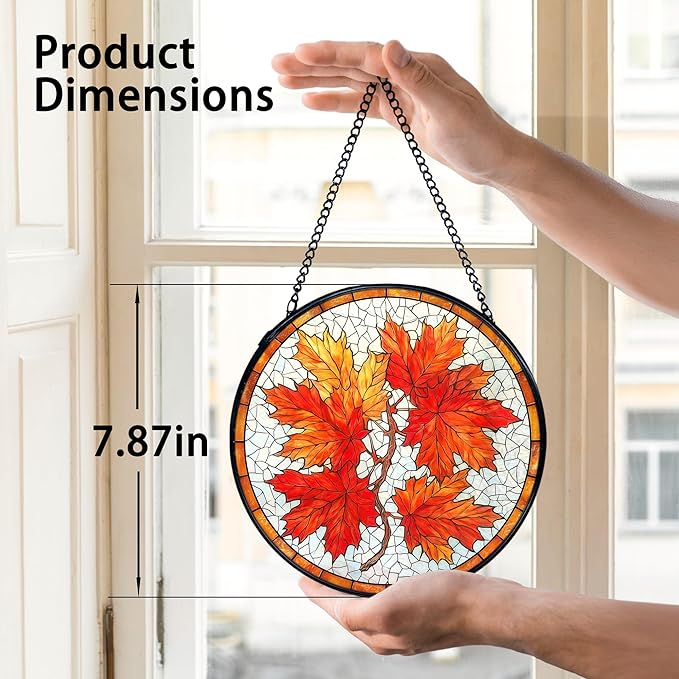 TNUW Fall Maple Leaf Stained Glass Window Hanging, Rustic Autumn Leaves Sun Catchers Indoor Window Glass Round Wall Art Decor, Fall Autumn Wall Hanging Decorations, 7.9＂x7.9＂