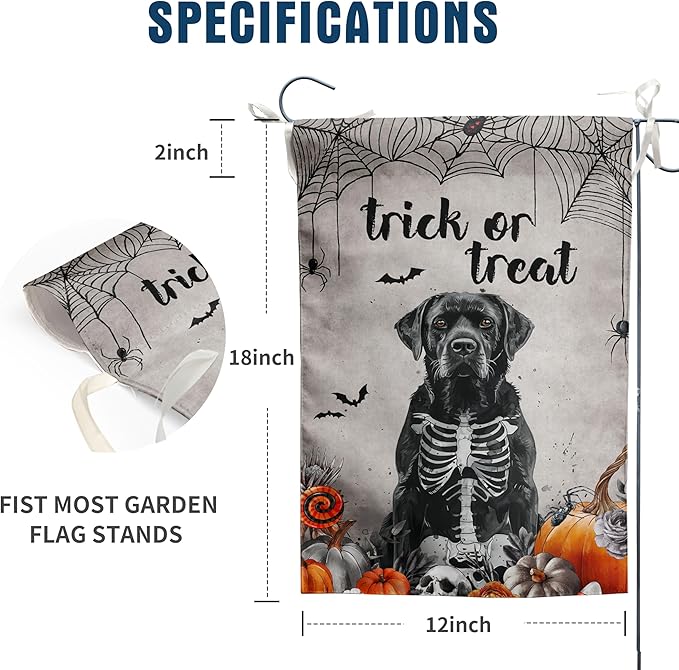 Halloween Black Lab Garden Flag Trick or Treat Yard Flag Ghost Labrador Dog Garden Flags for Outside 12x18 Double Sided Mini Skeleton Halloween Decor Outdoor Lawn Welcome Flag