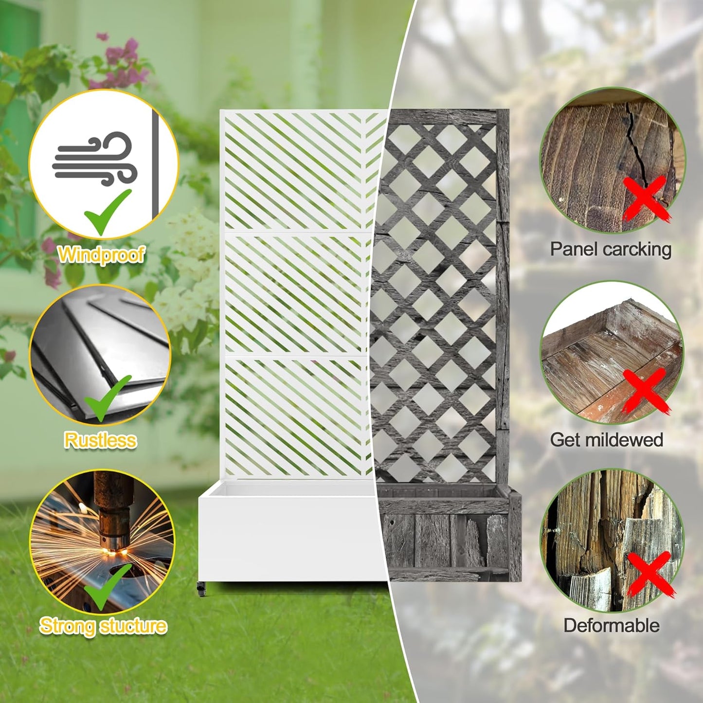 FENCY Metal Raised Garden Bed with Wheels and Trellis,73"x47"x16" Planter Box for Climbing Plants, Vegetables & Vines, Features Privacy Screen and Drainage Holes (White-Arrow)