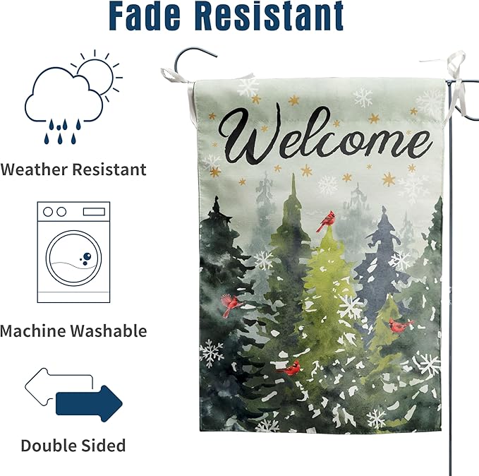 Welcome Winter Garden Flag Pine Tree Flag Snowy Forest Red Birds Cardinals Flag 12x18 Double Sided Outdoor Christmas Farmhouse Decorations Seasonal Yard Flags