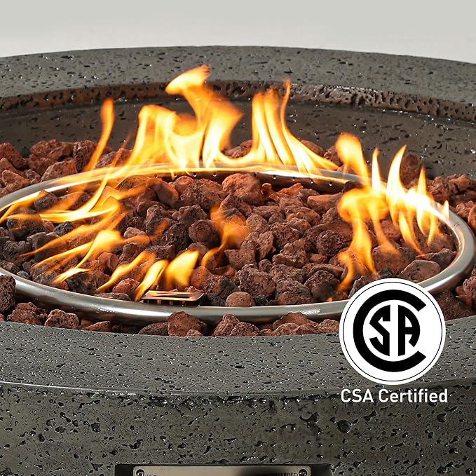 SUNBURY Outdoor Fire Pit, 42" Round Propane Gas Patio Fire Table 50,000 BTU Concrete Travertine Design, CSA Certified, Circular Base Firepit with Lava Rocks, Waterproof Cover (Grey)