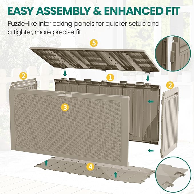 90 Gallon Outdoor Deck Box, Waterproof Outdoor Storage Box, Durable Resin Bin for Patio Cushions, Garden Tools and Pool Accessories, Lockable with UV Protection, Khaki, Patio Furniture