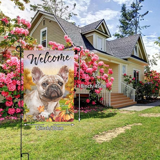 French Bulldog Autumn Pumpkin Fall Dog Garden Flag Welcome Party Outdoor Outside Decorations Picks Home House Garden Yard Decor 12x18 Inch