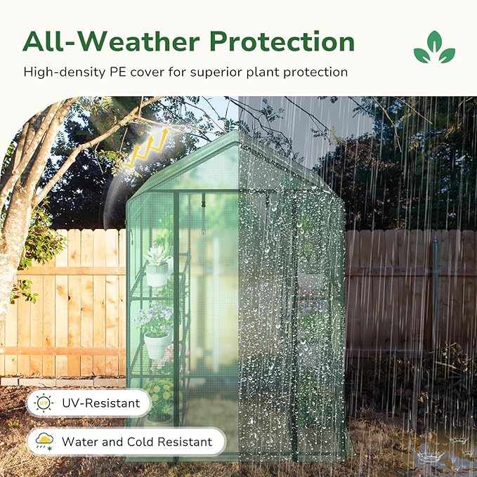 GreatBuddy Walk-in Greenhouse for Outdoors, High-Density PE Plant Cover with 2 Tiers of 8 Shelves, 4.5x4.5x6.5ft, Perfect for Plant Growing, 4 Ropes and Stakes Included