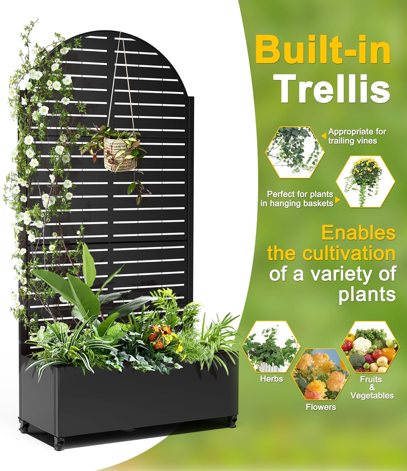 FENCY Metal Raised Garden Bed with Wheels and Trellis,Arched 73"x35"x16" Planter Box for Climbing Plants, Vegetables & Vines, Features Privacy Screen and Drainage Holes (Black-Louvered)