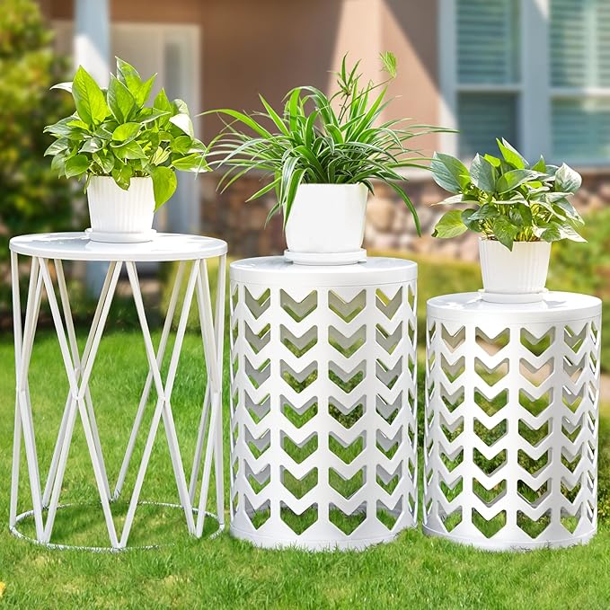 Y&M Set of 3 Metal Round Coffee Table, Side Table End Table for Indoor Outdoor Multifunctional Use, Heavy Duty Metal Plant Stand Garden Stool- White