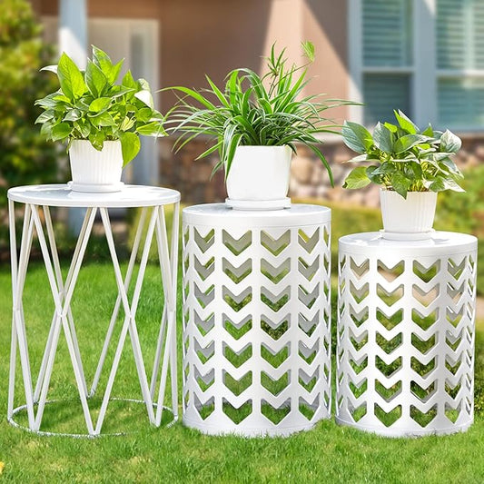Y&M Set of 3 Metal Round Coffee Table, Side Table End Table for Indoor Outdoor Multifunctional Use, Heavy Duty Metal Plant Stand Garden Stool- White