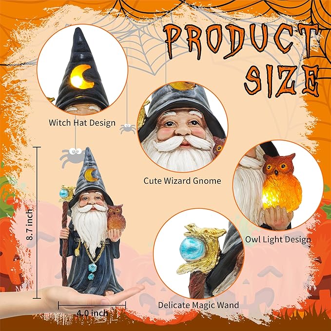 Helloween Solar Gnomes Decoration: 8.7'' Funny Merlin Statue with Owl & Magic Wand for Home Office Party Perfect Collectible Figurines Gift for Womens