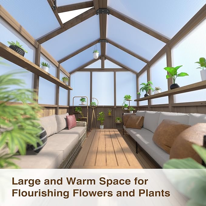Mupater 6 x 8 FT Wooden Polycarbonate Greenhouse with Ventilated Window and Lockable Door, 6mm PC Panels for UV Protection, Walk-in Greenhouse Kit for Outdoor, Garden and Backyard, Brown