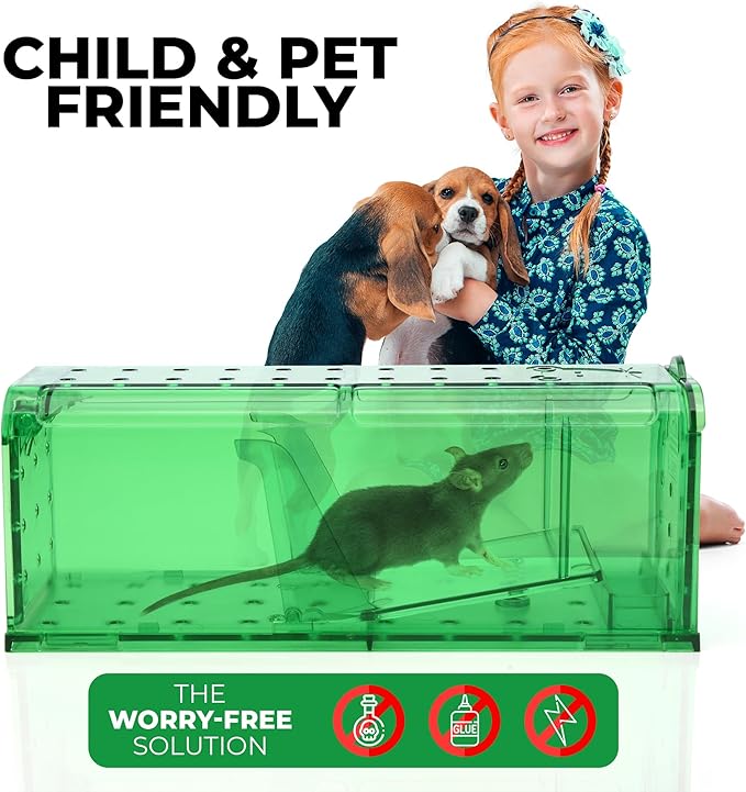 Humane Mouse Trap Pack of 4 - No Kill - Live Mouse Traps Indoor for Home Use - Reusable Rodent Traps for House Indoor, Safe & Effective Rat Trap Outdoor - Humane Mice Control with Cleaning Brush