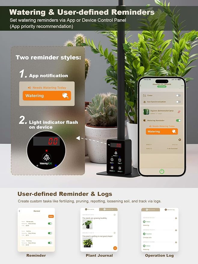 GLOWRIUM Smart LED Grow Lights for Indoor Plants, Desk Plant Light with Bluetooth App Control, 8W Full Spectrum Grow Lamp, Height Adjustable 16"-23", Auto Timer, Watering Reminder for Small Plants