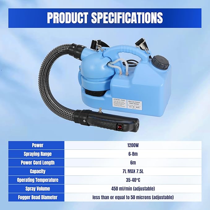 ULV Fogger Machine 7L (1.85 Gallon) Electric Portable Fogger Sprayer Ultra-Low Volume Atomizer for Indoor Outdoor Use in Home, Yard, Garden, Patio, and Large Spaces (7L Spray Machine-1Pack)