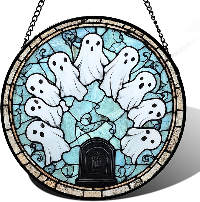 Stained Glass Window Hanging - Halloween Decorations Ghosts Tombstones Suncatcher for Doors Garden Indoor Spooky Funny Sun Catchers Gothic Decor Horror Gifts for Women Men Friend 7.8 in