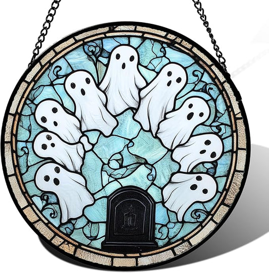 Stained Glass Window Hanging - Halloween Decorations Ghosts Tombstones Suncatcher for Doors Garden Indoor Spooky Funny Sun Catchers Gothic Decor Horror Gifts for Women Men Friend 7.8 in