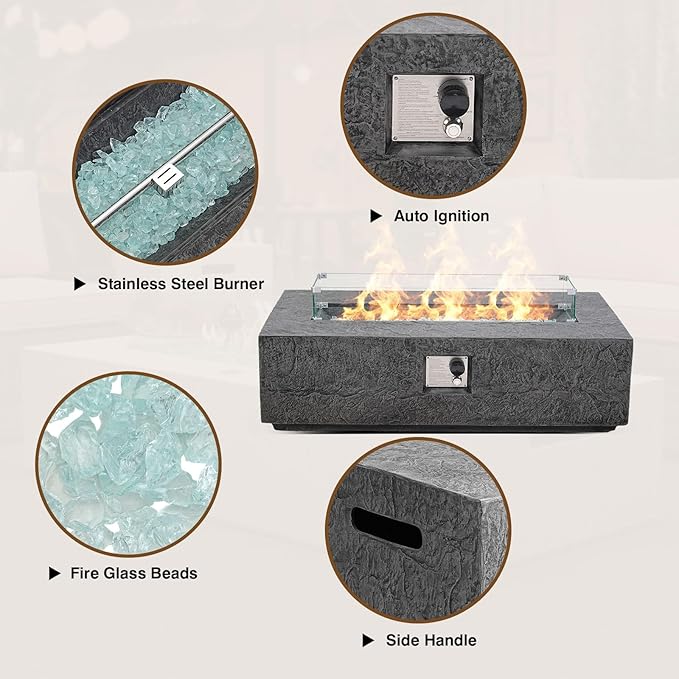 3-Piece Outdoor Propane Fire Pit Table Set – Premium Slate-Like MgO Finish, 48-Inch Gas Fire Table with Tank Table & Glass Wind Guard for Patio, Garden & Backyard, Includes Rain Cover & Glass Beads