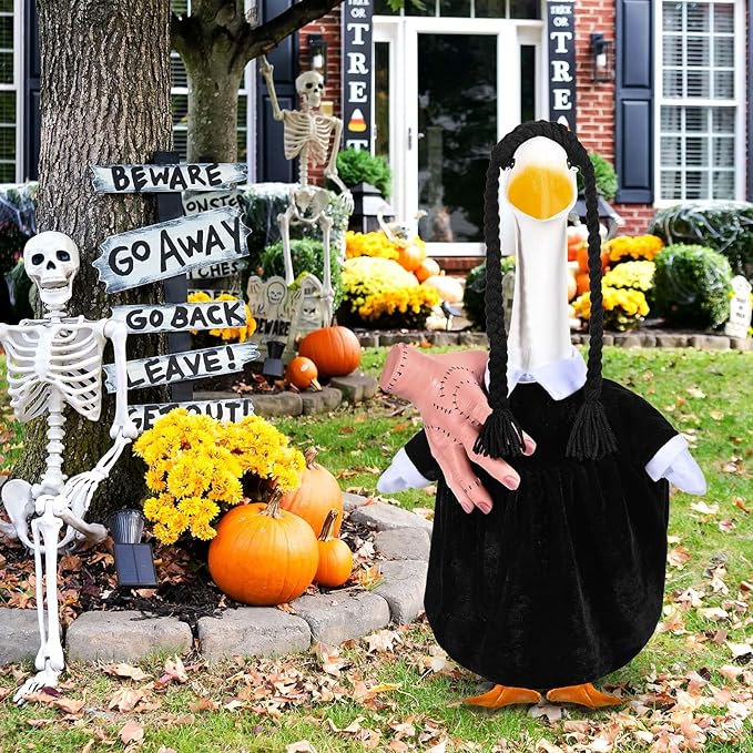 Teemico Halloween Porch Goose Outfits Lawn Goose Clothes Fits 23" Cement Plastic Goose Statue Black Dress Fake Hand Braid Wig for Halloween Outdoor Garden Yard Patio Decor