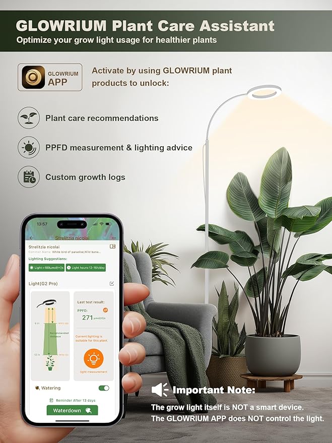 GLOWRIUM 24W LED Grow Light for Indoor Plants, 23.5-71" Adjustable Height, 3-Growing Full Spectrum for Tall Grow Light, High PPFD, 3/9/12/16H Timer, 6-Level Dimming, Ideal for Large Tall Plants