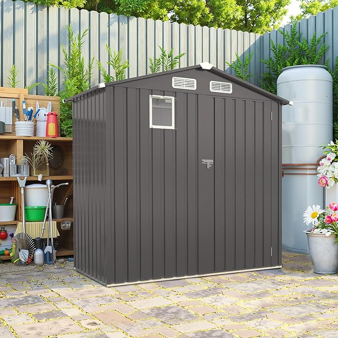 6x3.5 FT Outdoor Metal Storage Shed, Tool Shed with Peaked Roof and Lockable Door, Compact Garden Shed with Clear Window for Backyard Garden Patio Lawn, Gray